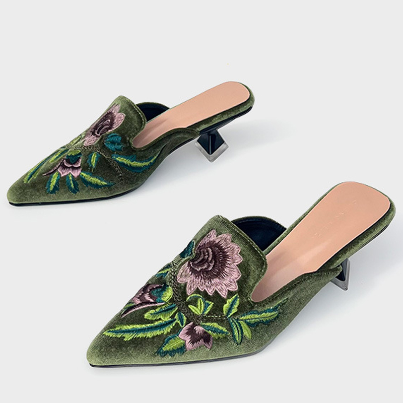 Embroidery Designer - Mules brodées en velours pour femme,