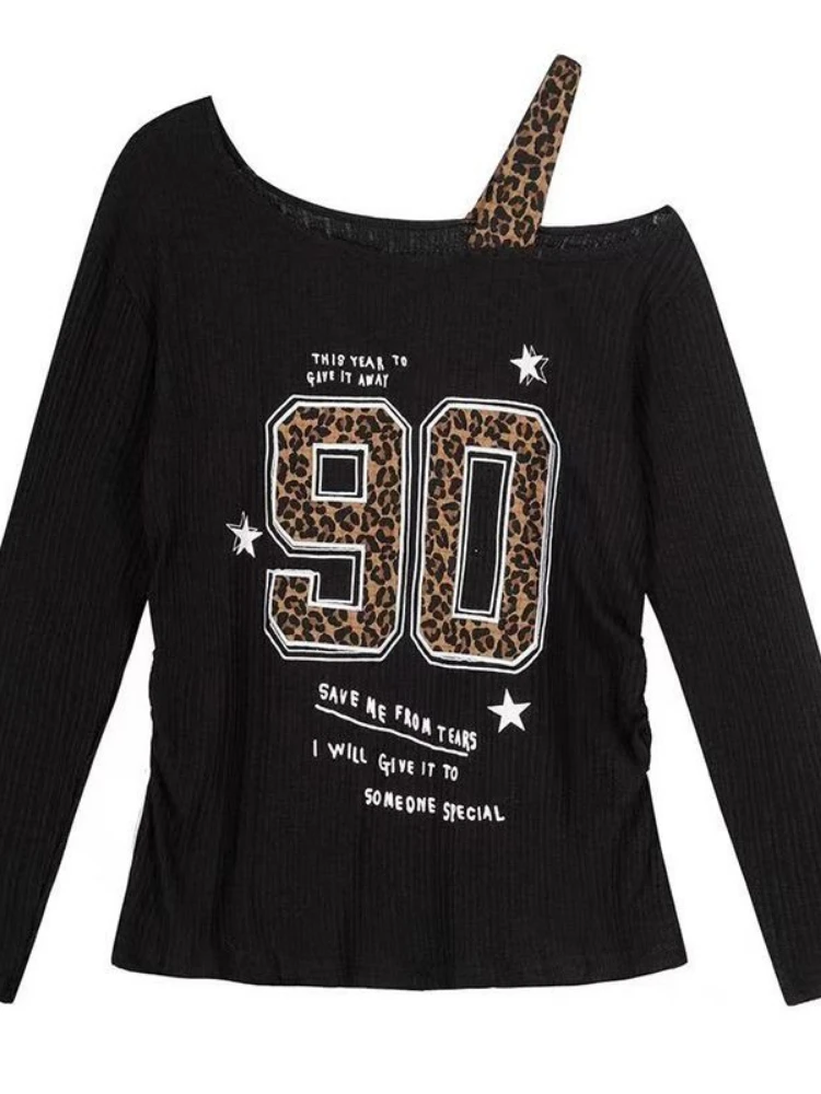 Embroidery Print - T-shirt Y2K patchwork imprimé léopard pour