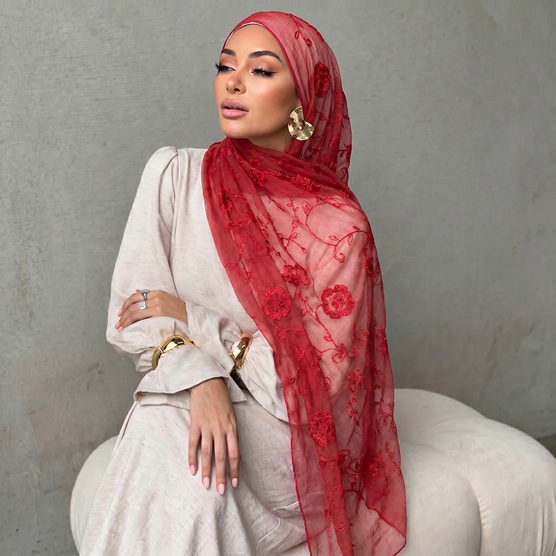 Embroidery Print - Hijab musulman brodé floral, foulard transparent,