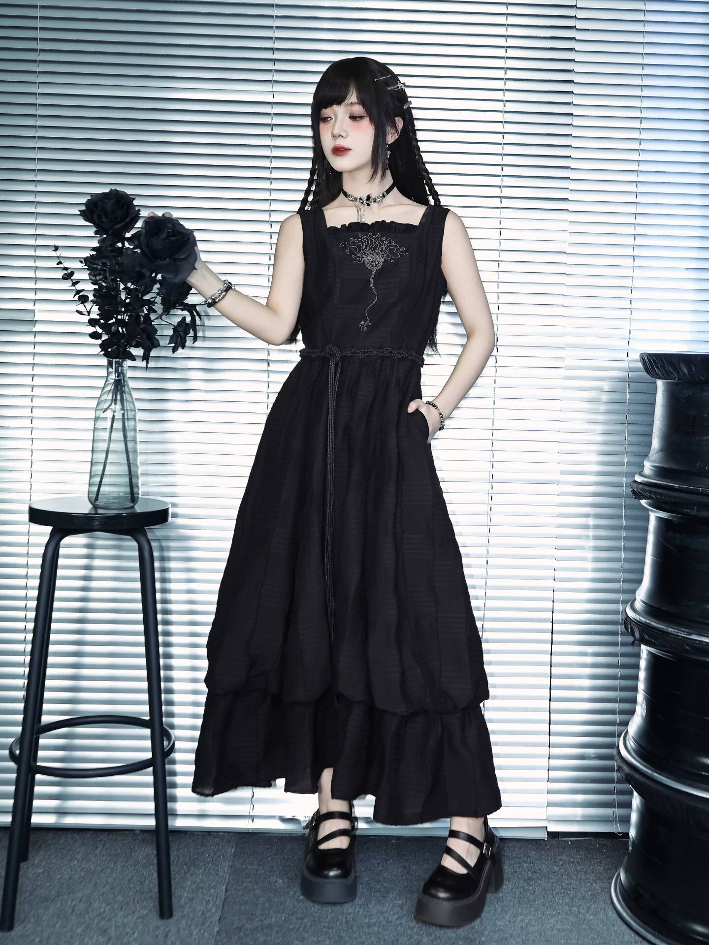 Nouvelle Robe Longue Noire Dou - Embroidery Cotton avis et prix